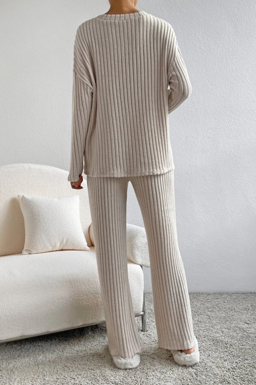 BELLA BLA ribbed V-neck top and matching pants set in a trendy, fitted design, shown on a model.