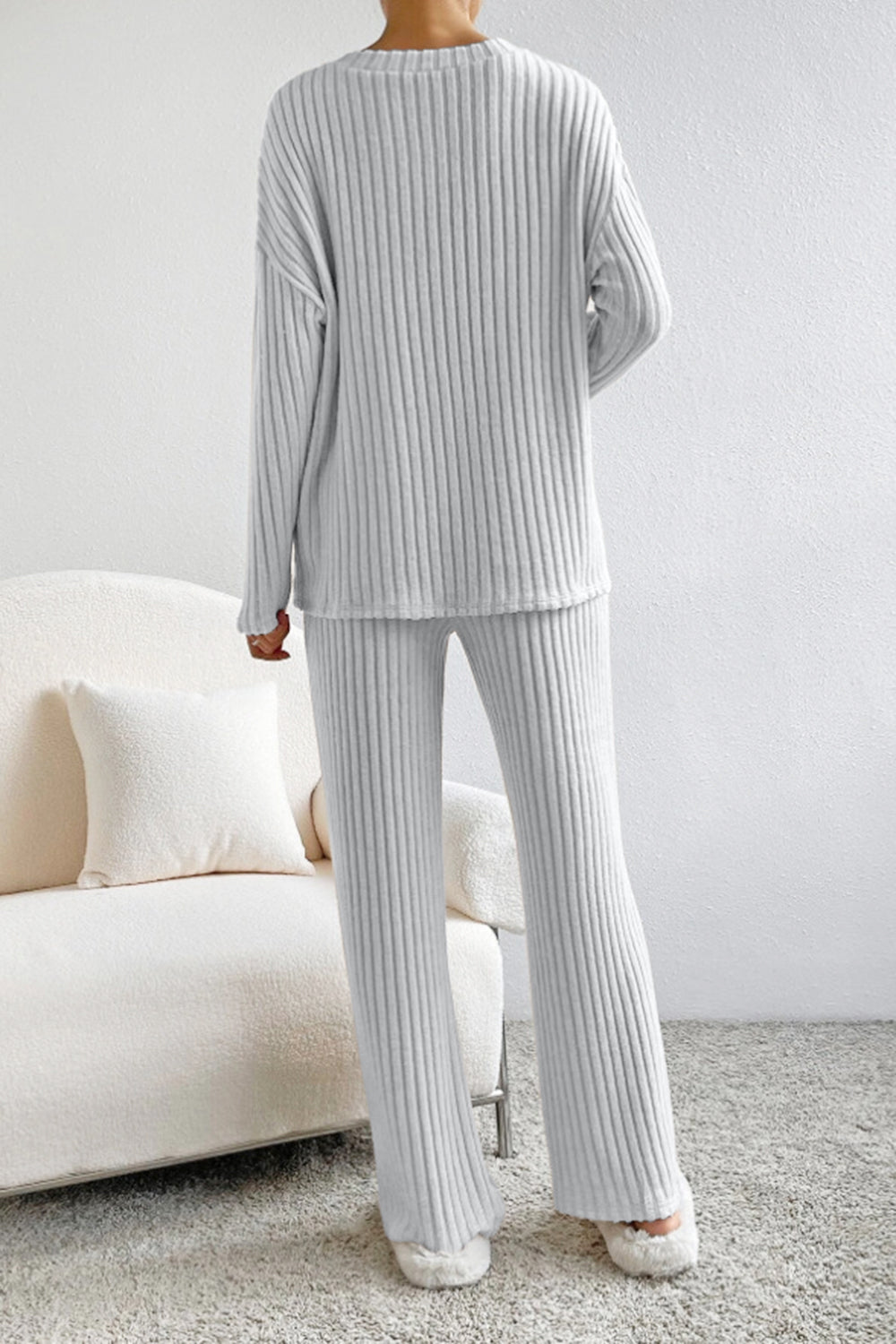 BELLA BLA ribbed V-neck top and matching pants set, stylish and comfortable clothing ensemble, shown in natural fabric and fit.