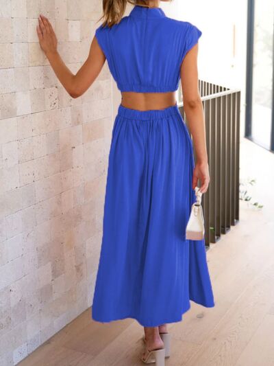 BELLA BLA cutout mock neck sleeveless dress from trendsi, featuring a stylish design with a fitted silhouette and cutout details.