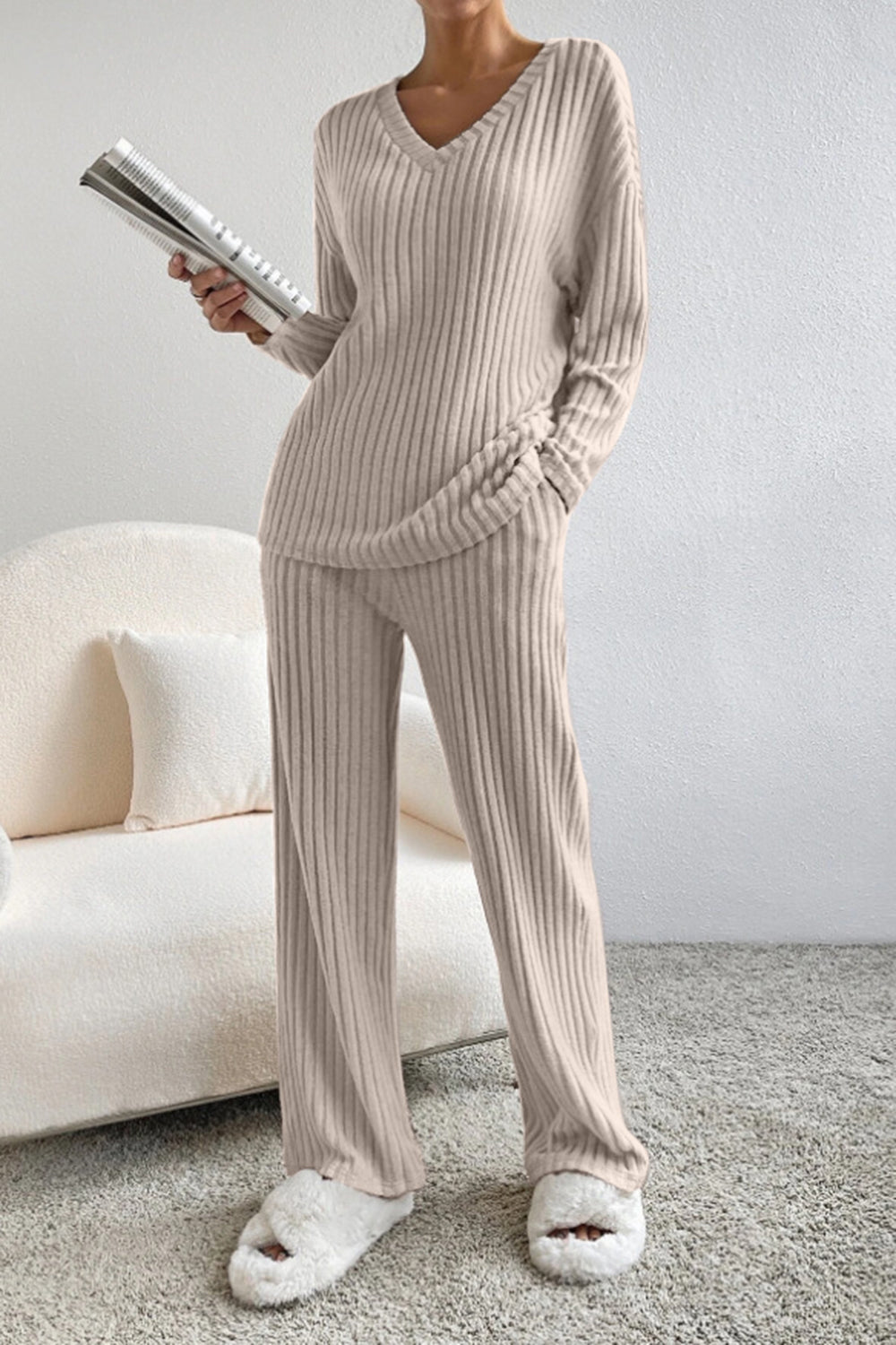 Ribbed V-neck top and matching pants set by BELLA BLA, featuring a stylish ribbed fabric and comfortable fit.