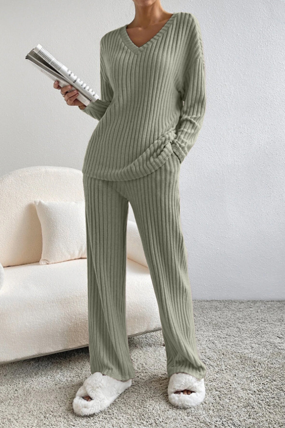 BELLA BLA ribbed V-neck top and matching pants set in a trendy, fitted style, displayed on a neutral background.
