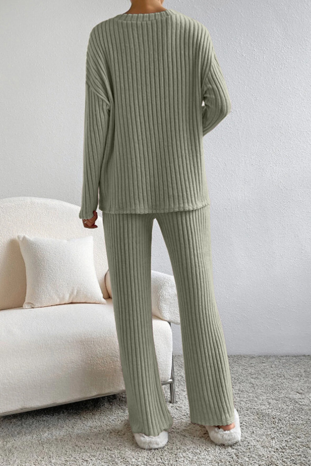 BELLA BLA ribbed V-neck top and matching pants set in neutral tones, showcasing a comfortable, stylish loungewear ensemble.
