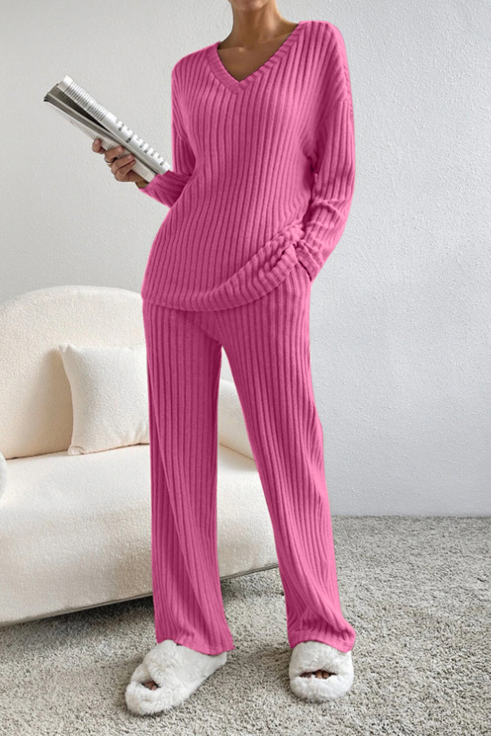 Ribbed V-neck top and matching pants set by BELLA BLA, featuring a fitted, textured fabric in a stylish loungewear look.