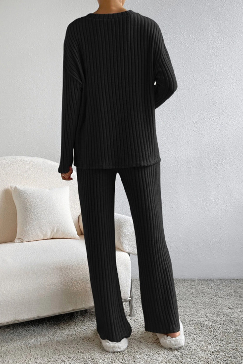 Ribbed V-neck top and matching pants set by BELLA BLA, featuring a fitted, stylish design perfect for casual wear.