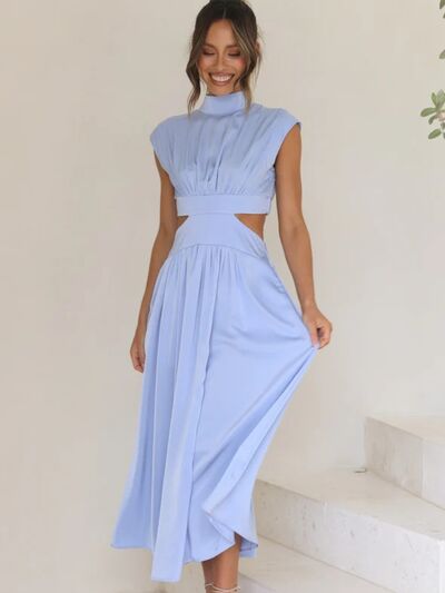BELLA BLA sleeveless cutout mock neck dress from trendsi, featuring a stylish design with cutout details and a high neckline.
