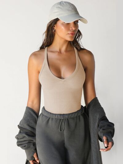 BELLA scoop neck wide strap tank top in soft fabric, shown in light color with close-up of neckline and straps.