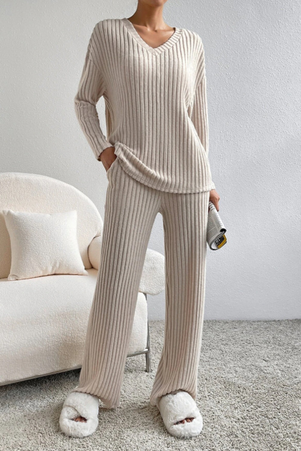 BELLA BLA ribbed V-neck top and matching pants set in a trendy, fitted style, shown in a neutral color.