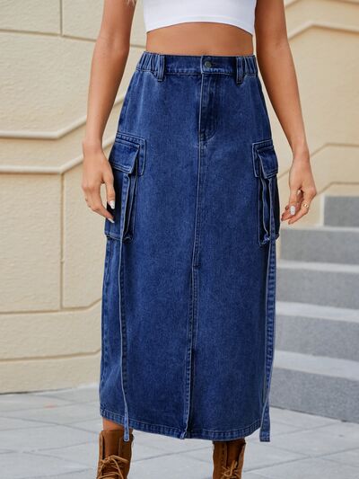 BELLA slit pocketed high waist denim skirt with front slit and classic blue wash, styled for casual or trendy outfits.