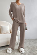 Ribbed V-neck top and matching pants set by BELLA BLA, stylish and comfortable loungewear displayed on a model.