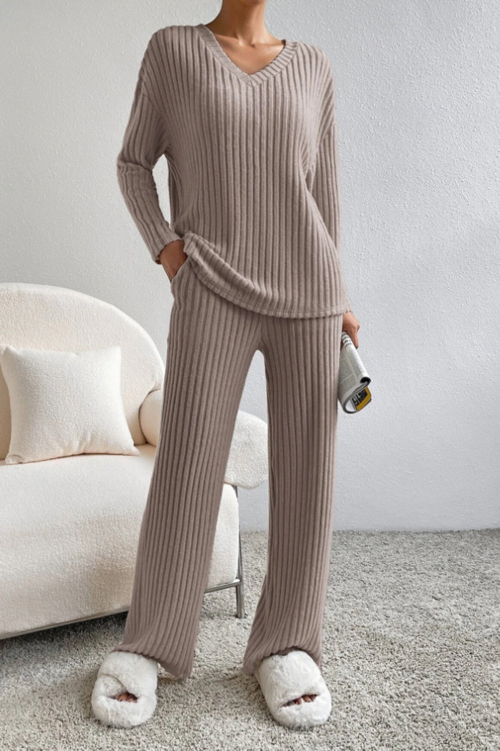 Ribbed V-neck top and matching pants set by BELLA BLA, stylish and comfortable loungewear displayed on a model.