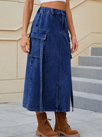 BELLA slit pocketed high waist denim skirt featuring front slit and classic blue denim fabric, styled for casual wear.