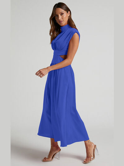 BELLA BLA sleeveless cutout mock neck dress from trendsi, featuring a stylish neckline and modern design on a white background.