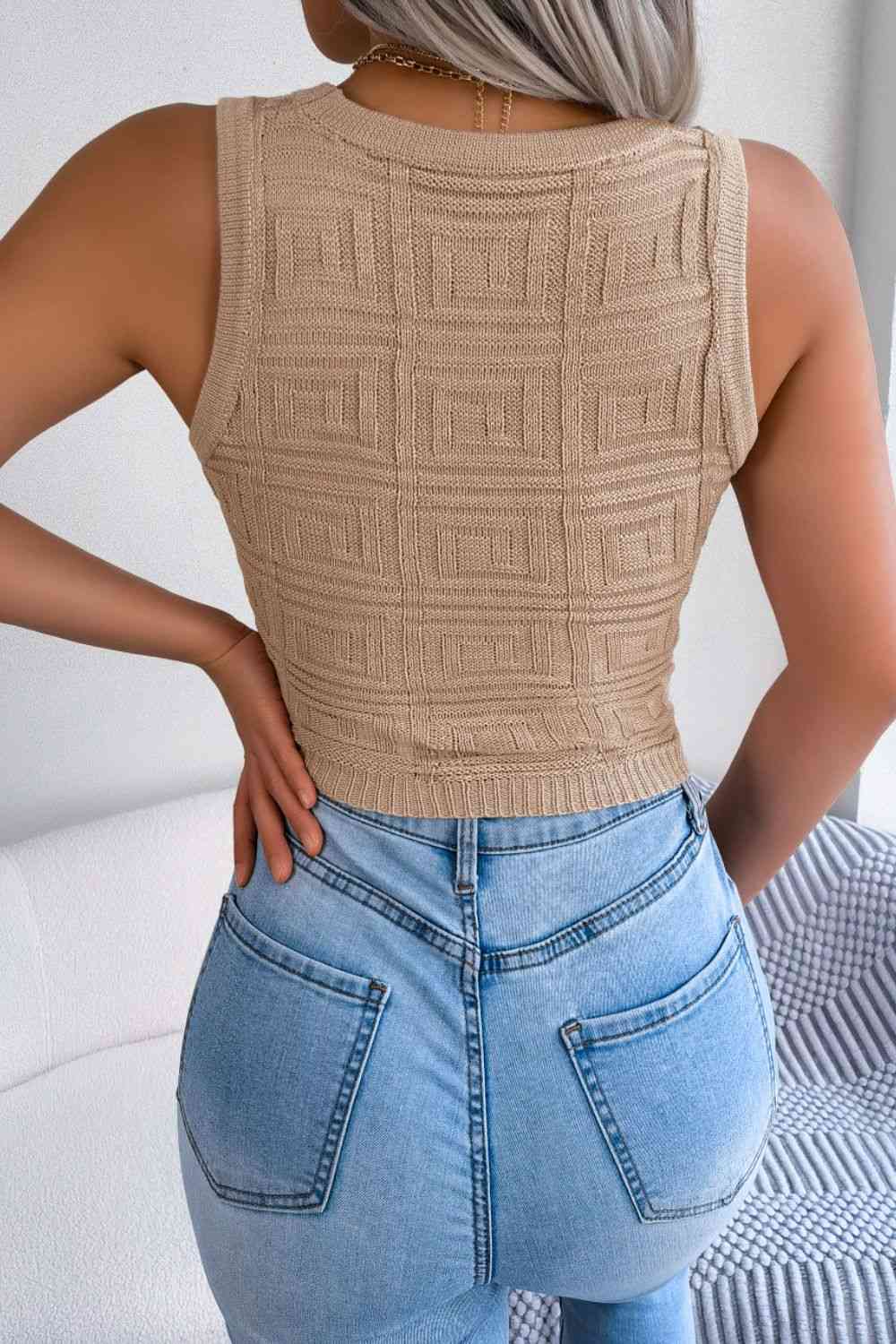 BELLA BLA trendsi cutout sleeveless knit top in neutral color, featuring a stylish sleeveless design and modern cutout details.