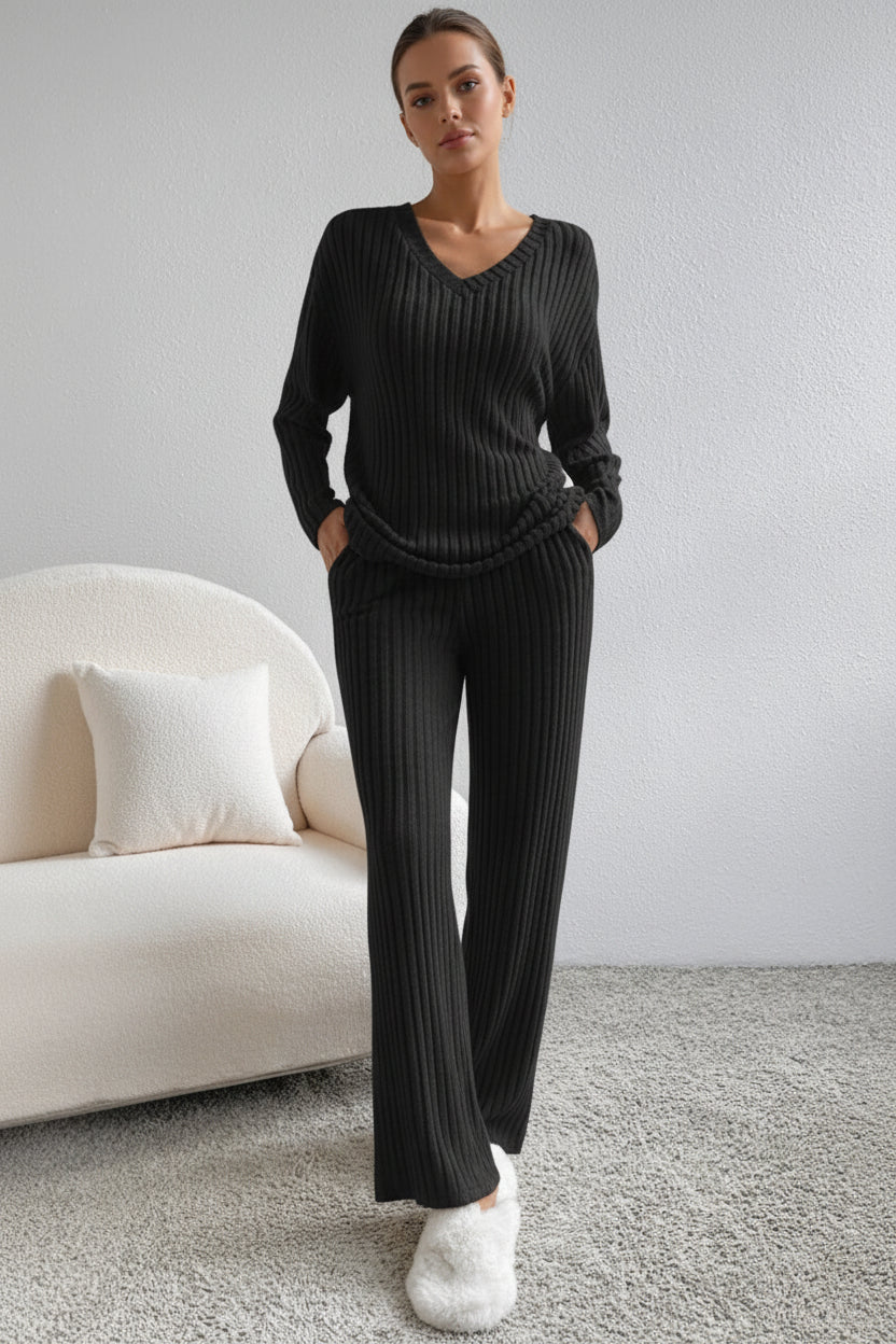 BELLA BLA ribbed V-neck top and matching pants set in soft fabric, stylish and comfortable for casual wear.