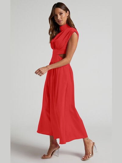 BELLA BLA trendsi sleeveless cutout mock neck dress featuring a stylish fit and modern design, shown on a model.
