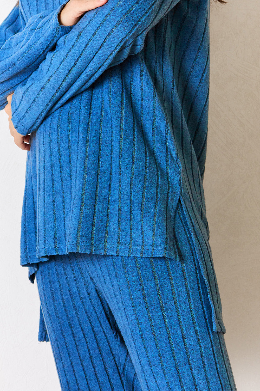 BELLA BLA High-Low Slit Top and Pants Set featuring a stylish, flowing design with a slit detail, perfect for trendy casual wear.