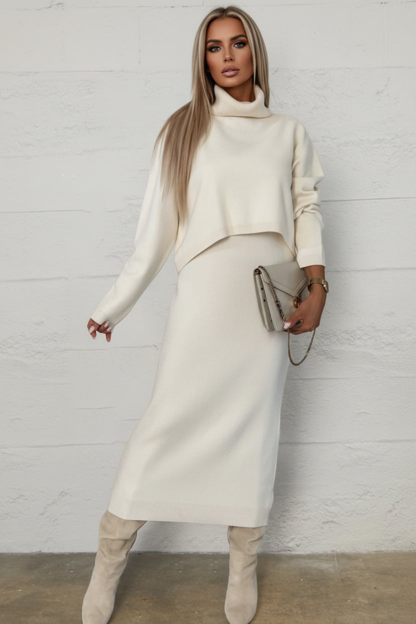 BELLA BLA turtleneck dropped shoulder sweater and midi dress set in soft fabric, featuring a cozy turtleneck and relaxed fit.