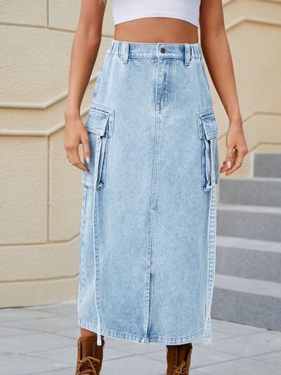 BELLA high waist denim skirt with slit pockets, stylish and fitted, showcasing the front view with visible slit pockets and high waist.