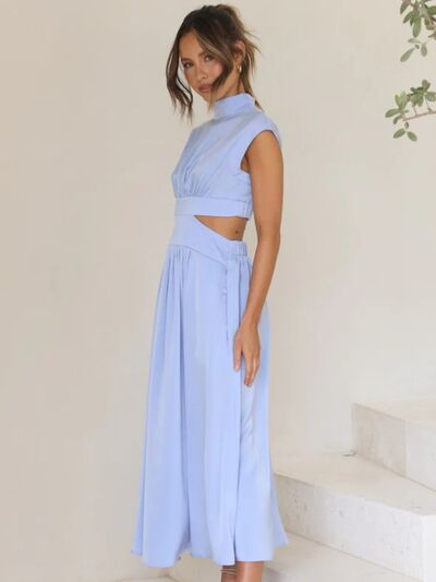 BELLA BLA trendsi cutout mock neck sleeveless dress with stylish design, featuring a fitted silhouette and modern cutout details.