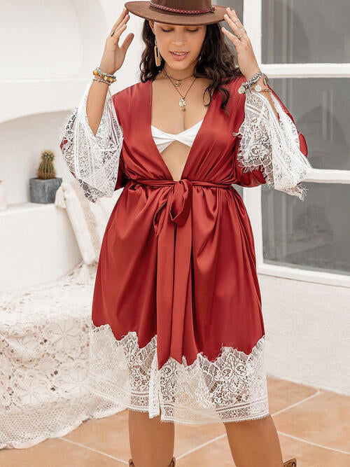 Plus size BELLA lace trim tie front robe with floral lace details and long sleeves, perfect for lounging or bedtime.