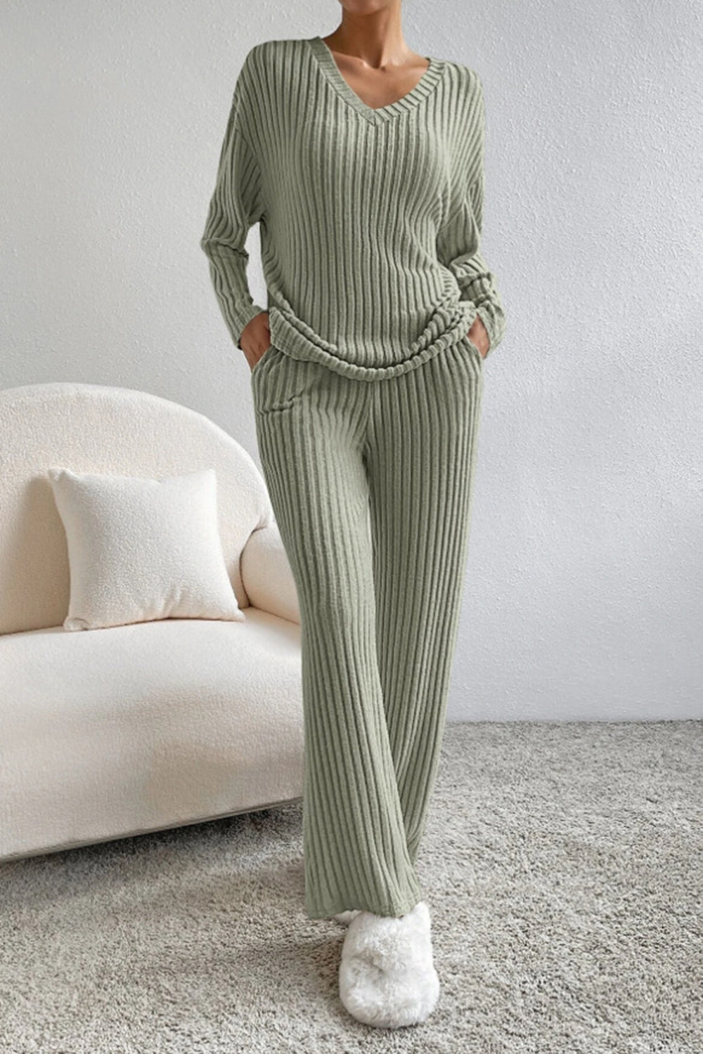 BELLA BLA ribbed V-neck top and matching pants set, stylish trendsi outfit with a fitted design and comfortable fabric.