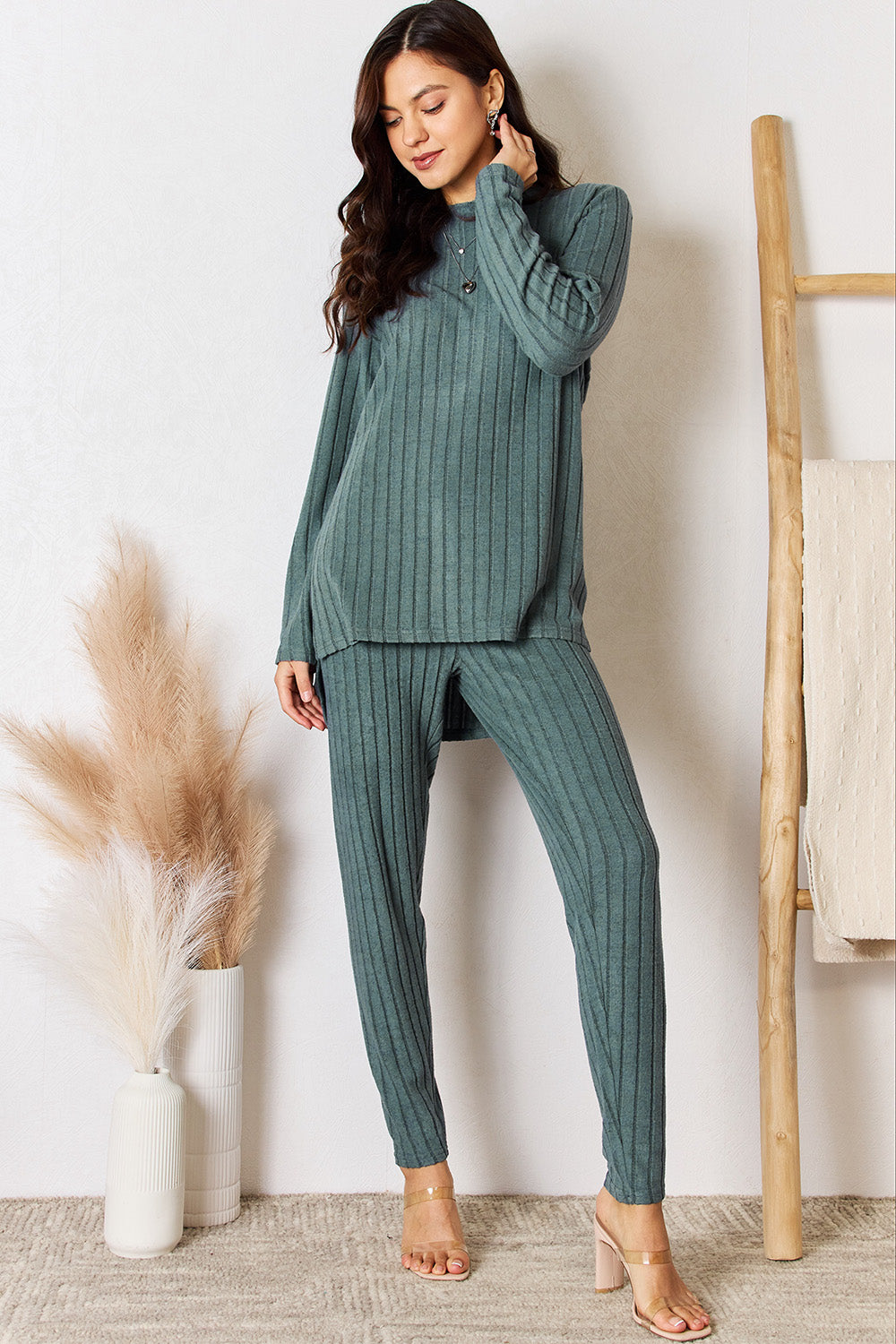 BELLA BLA high-low slit top and matching pants set featuring a stylish, flowy design with a trendy silhouette.