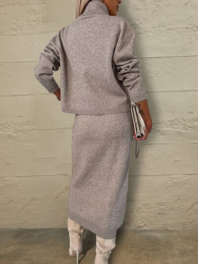 BELLA BLA Turtleneck dropped shoulder sweater and midi dress set, soft knit fabric, stylish layered look, in neutral tones.
